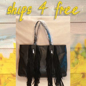 Large Bag Black Suede Fringe Black Leather Shoulder Bag Tote F0001 NWOT Silpada
